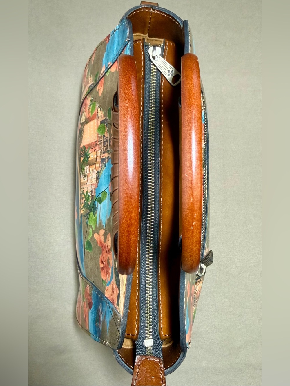 Patricia Nash Brown Floral Coastal Print Satchel with Blue Accents - Picture 4 of 8
